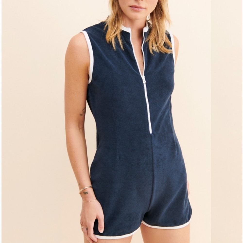 Kule The Serena Romper Navy Blue Terry Cloth Sleeveless Half Zip Size XS
